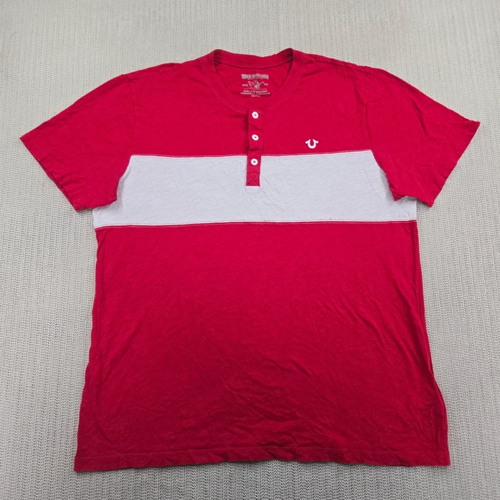 True Religion Shirt Mens 2XL Red White Henley Logo Short Sleeve Tee Horseshoe
